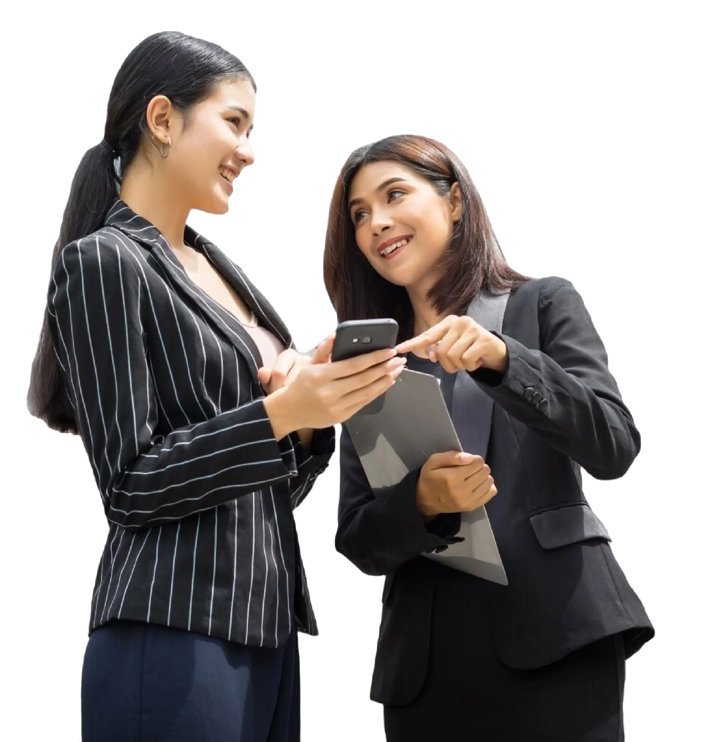 two-business-woman-standing-using-smartphone-discussing-front-office-business-working-concept